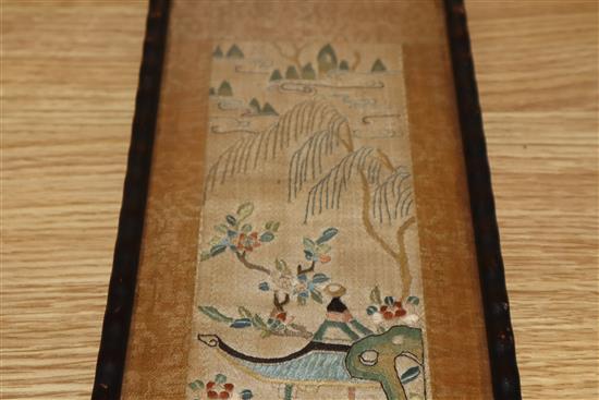 A pair of Chinese embroidered silk polychrome sleeve bands, framed